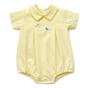 Vintage 80s Alexis Baby Romper Yellow Embroidered Puppy Bubble Heirloom